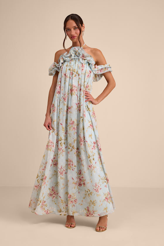Amia Light Blue Floral Ruffled Shift Maxi Dress 1