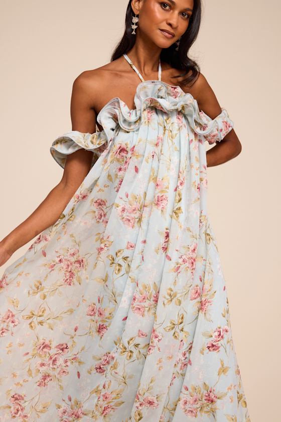 Amia Light Blue Floral Ruffled Shift Maxi Dress 1