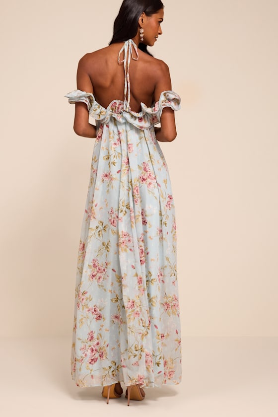 Amia Light Blue Floral Ruffled Shift Maxi Dress - thumbnail 4