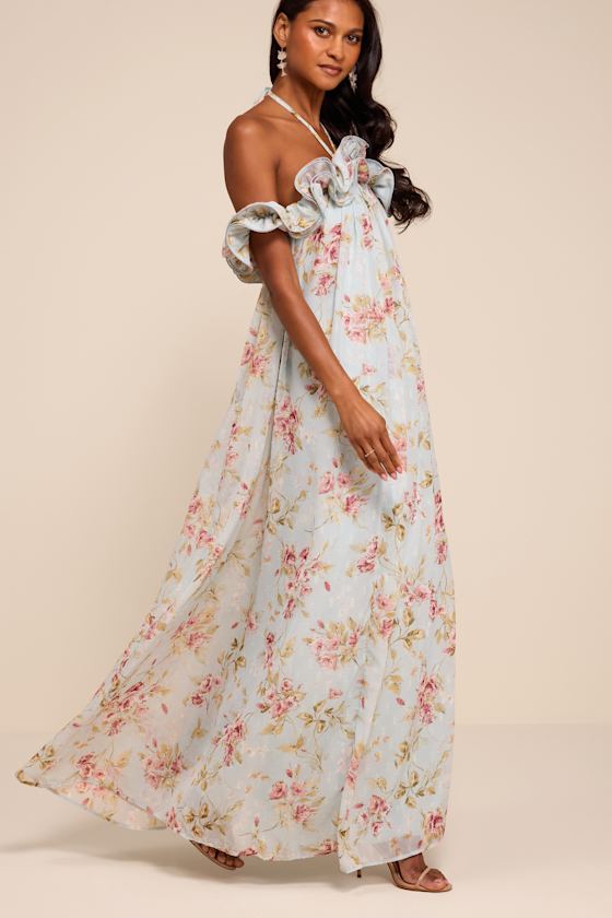 Amia Light Blue Floral Ruffled Shift Maxi Dress - thumbnail 5