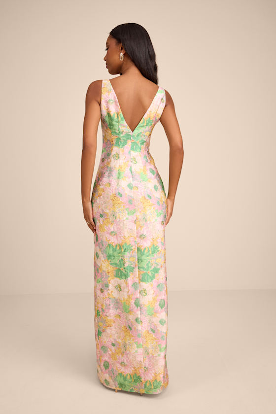 Pink Multi Floral Jacquard Dress - Column Maxi Dress - Maxi Dress