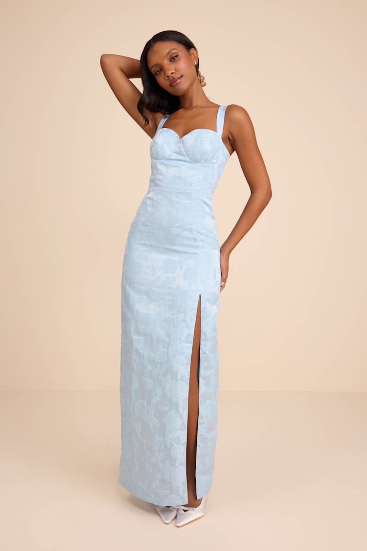 blue jacquard maxi dress Miss Circle Xatia Baby Blue Jacquard Textured High Slit Maxi Dress XL main image 1