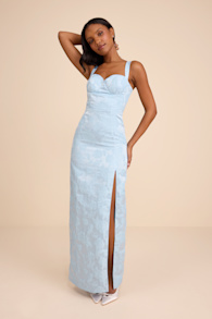 Demina Light Blue Floral Jacquard Bustier Maxi Dress 1