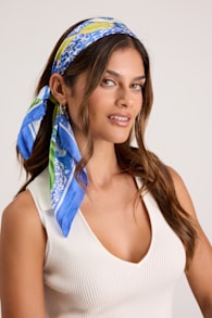 Elena Blue Lemon Print Satin Scarf 1