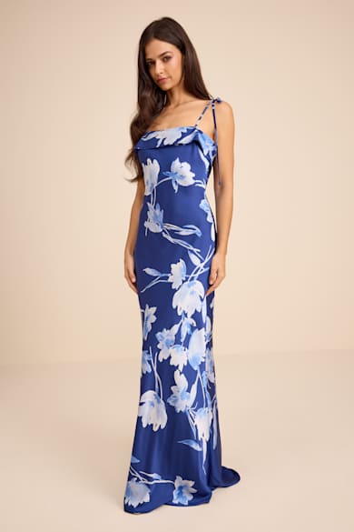 white christmas dresses Berylove Women Blue Floral Wedding Guest Dress A Line Sweetheart Strapless Pleated Long Bridesmaid Dress, Blue Flower / US20W main image 1
