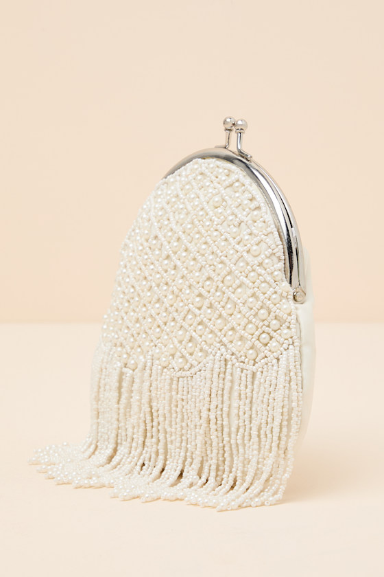 Marceline White Beaded Pearl Fringe Clutch - thumbnail 5