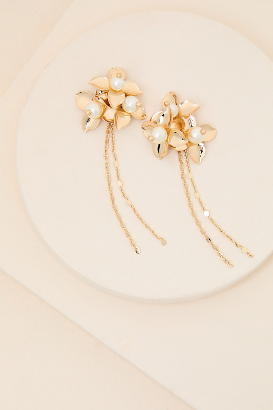Miley Gold Floral Pearl Statement Earrings