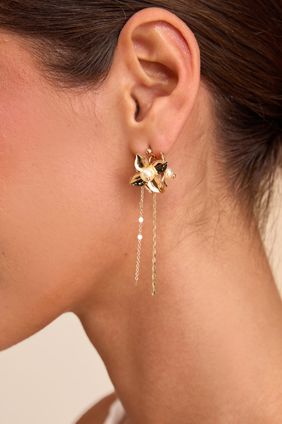 Miley Gold Floral Pearl Statement Earrings 3