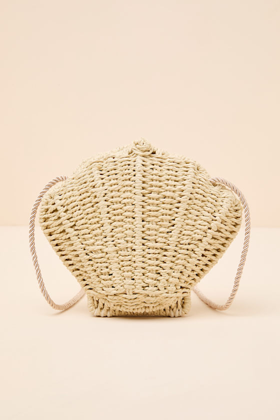 Andrina Beige Woven Straw Seashell Crossbody Bag