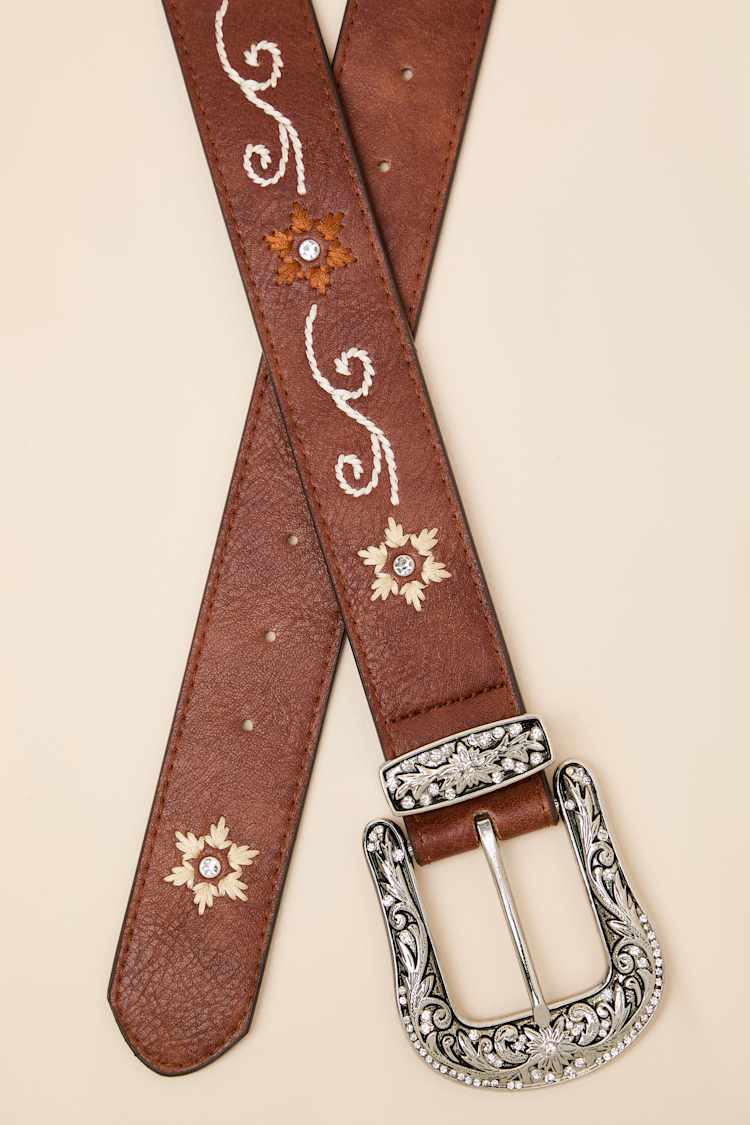 Brown Embroidered Belt - Engraved Buckle Belt - Western Belt  display picture 1