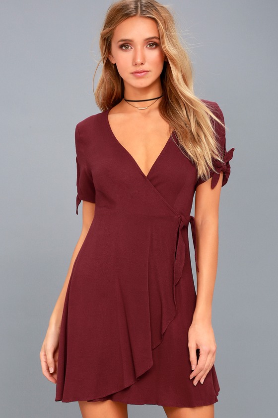 Cute Burgundy Dress - Wrap Dress - Short Sleeve Dress - Lulus