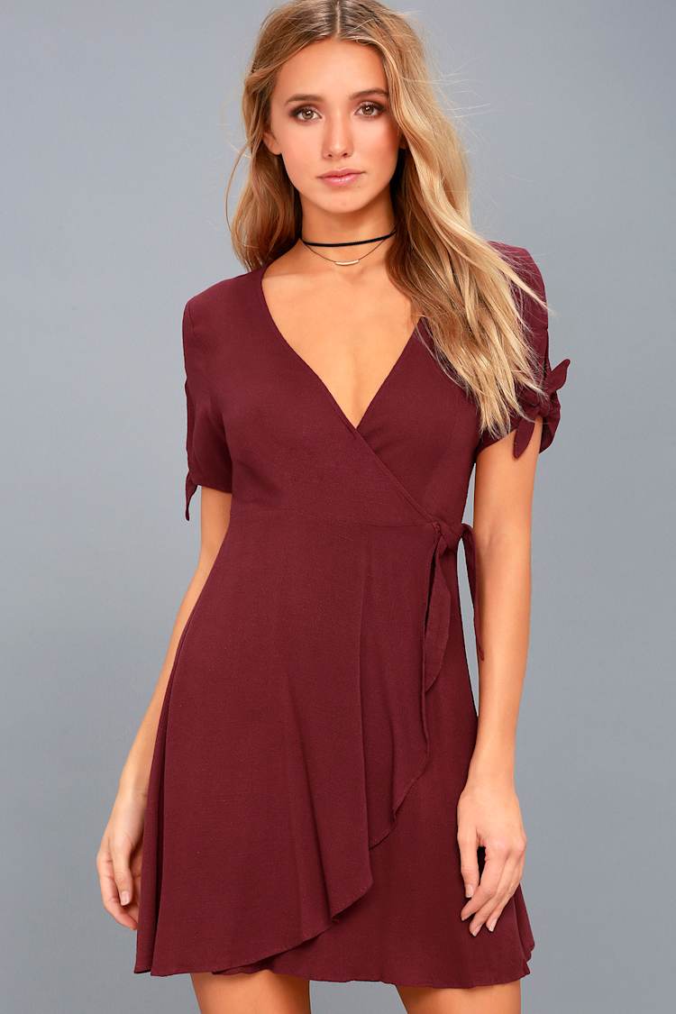 burgundy wrap dress short Gal Satin Wrap Mini Dress - Burgundy main image 0