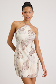 Eileena Ivory Multi Boho Print Halter Mini Dress 1