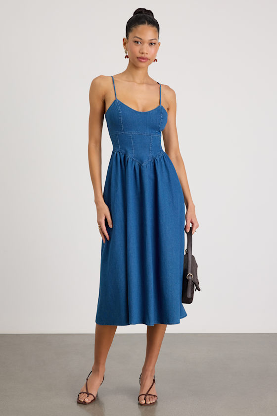 Londrina Medium Wash Denim Basque Waist Midi Dress 1