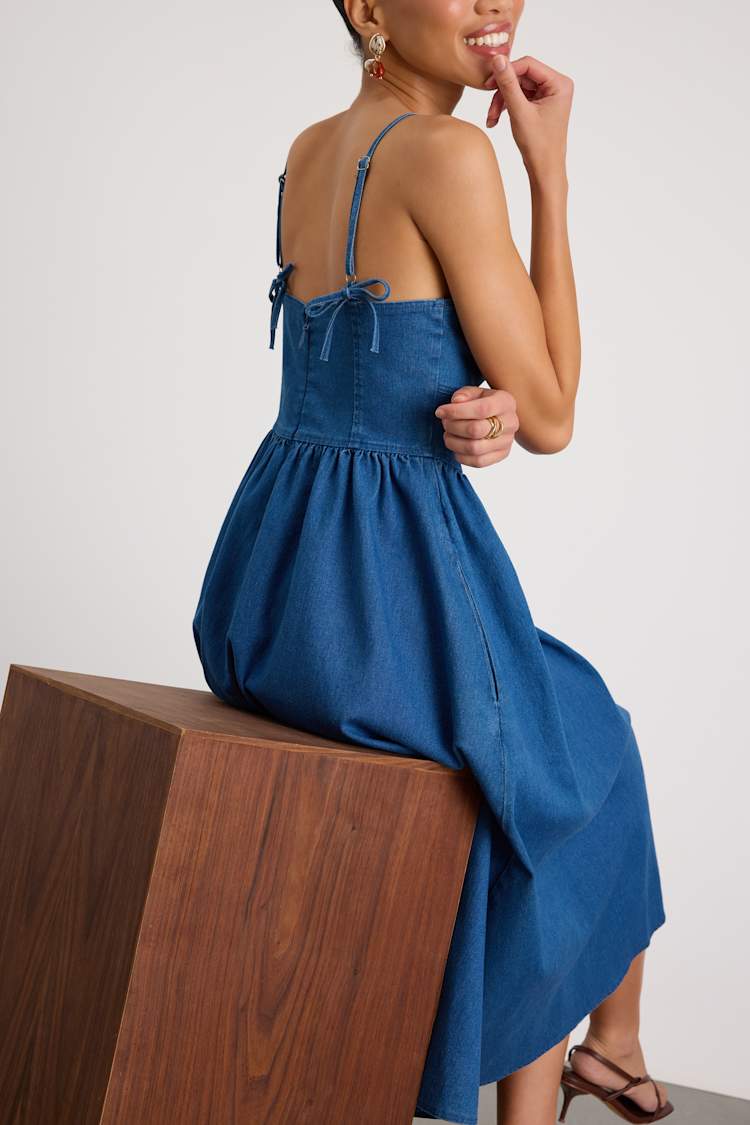 basque denim dress Denim Basque Waist Midi Dress | Square Neck Ruffle Hem