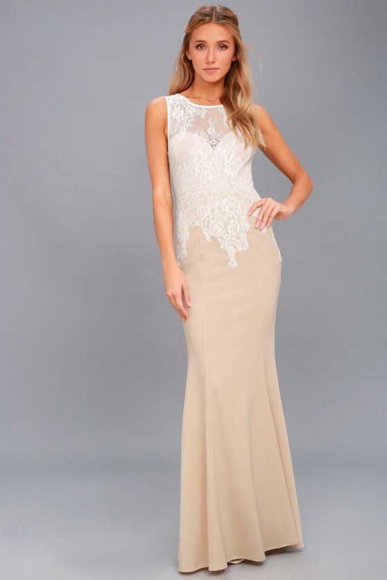 Lover's Lace White and Nude Lace Maxi Dress