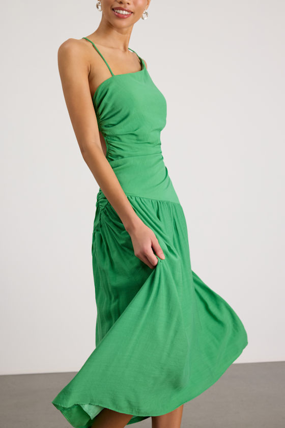 Green Lace-Up Midi Dress - Drop Waist Dress - Asymmetrical Dress
