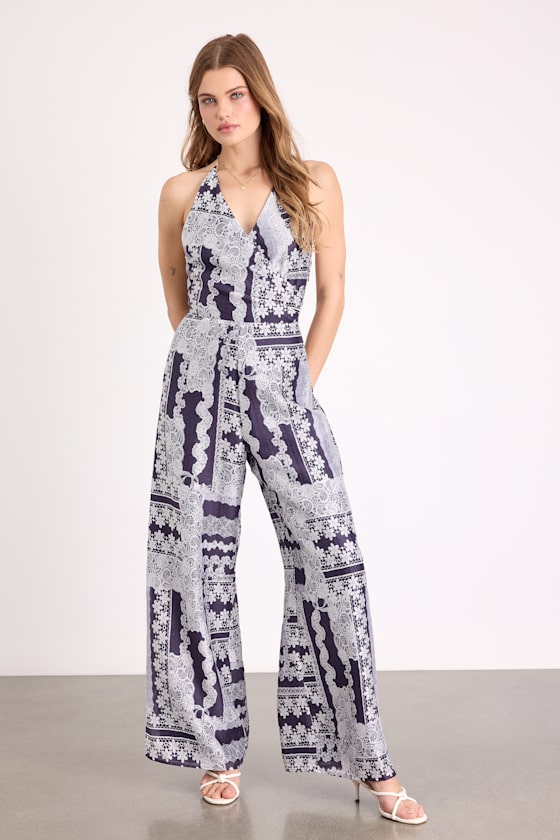 Arlee Navy and White Lace Print Wide-Leg Jumpsuit 2
