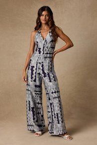 Arlee Navy and White Lace Print Wide-Leg Jumpsuit 1