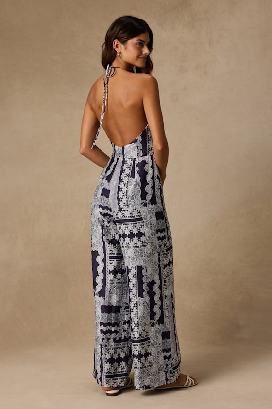 Arlee Navy and White Lace Print Wide-Leg Jumpsuit - thumbnail 3