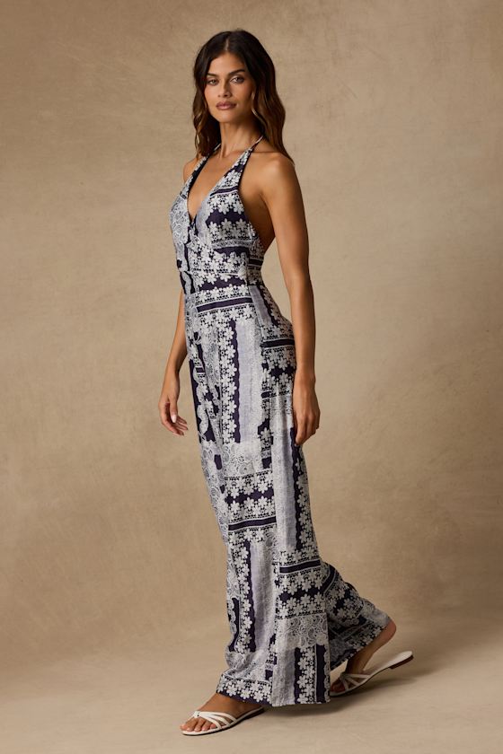 Arlee Navy and White Lace Print Wide-Leg Jumpsuit - thumbnail 4