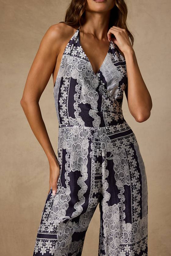 Arlee Navy and White Lace Print Wide-Leg Jumpsuit - thumbnail 5