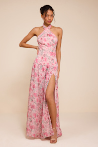 Amoah Light Pink Floral Drop Waist Maxi Dress 2