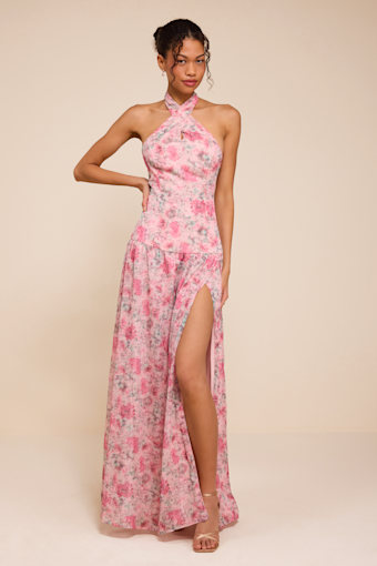 Amoah Light Pink Floral Drop Waist Maxi Dress 2
