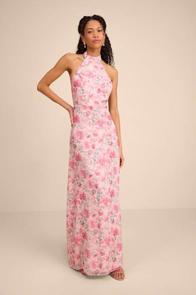 blue dress for baby girl Betsy & Adam Women's Sequin Floral Print Sleeveless Gown - Ivory/Pink
