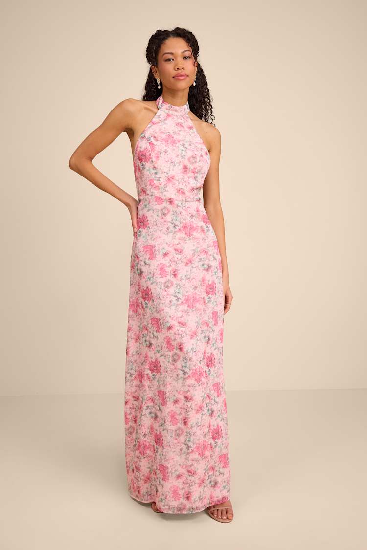 Light Pink Floral Dress - Backless Maxi Dress - Halter Maxi Dress - Lulus