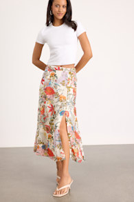 Bliss Me Ivory Multi Floral Print Midi Skirt 1