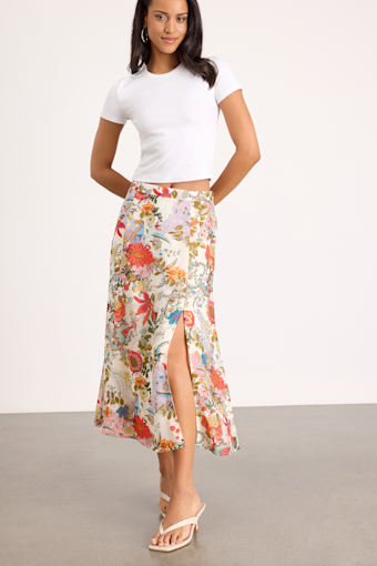 Bliss Me Ivory Multi Floral Print Midi Skirt 1
