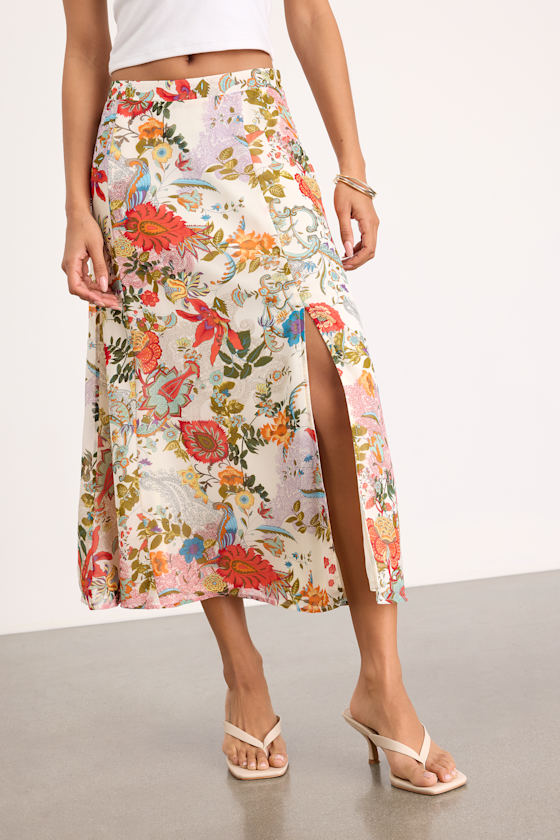 Bliss Me Ivory Multi Floral Print Midi Skirt 3