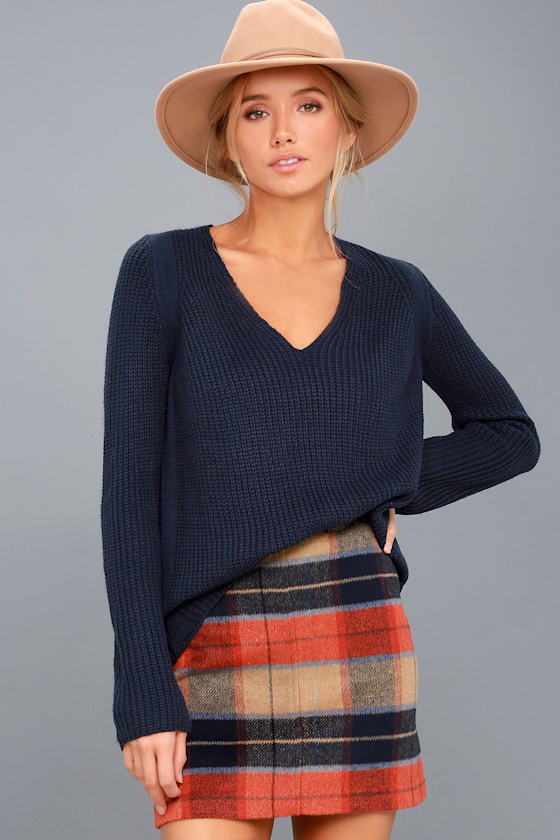 Cute Navy Blue Sweater VNeck Sweater Knit Sweater Lulus