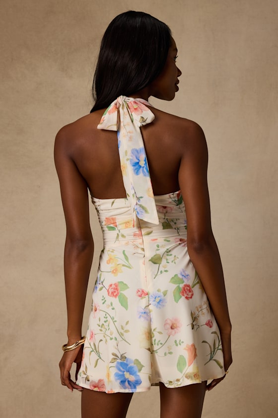 Nailah Cream Multi Floral Knotted Halter Mini Dress 4