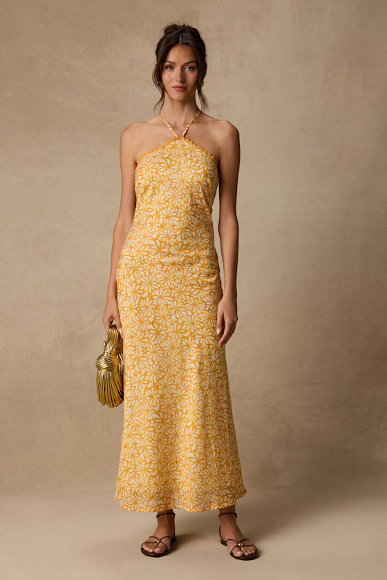 Image of Enola Yellow Floral Halter Midi Dress