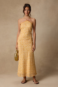 Enola Yellow Floral Halter Midi Dress 1