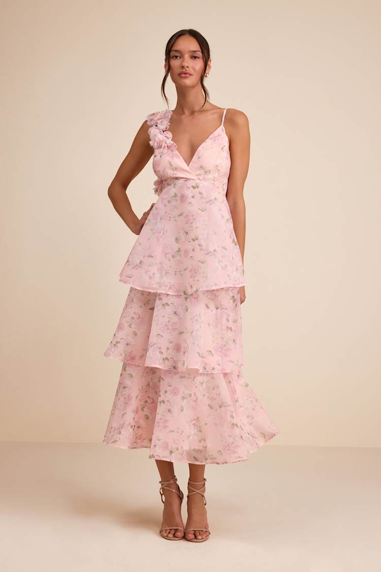 open lace back dress Garden Party Tiered Frill Midi Dress Blush main image 1