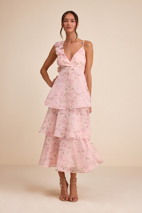 Daleyza Light Pink Floral Organza Tiered Midi Dress 1