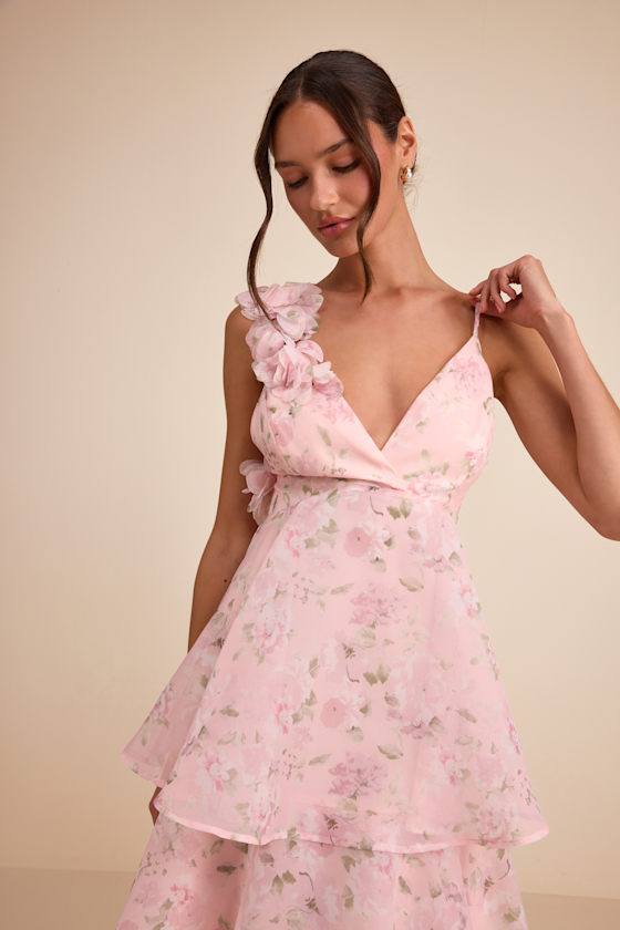Daleyza Light Pink Floral Organza Tiered Midi Dress 2