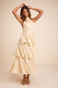 Jennica Pale Yellow Striped Satin Tiered Midi Dress 1
