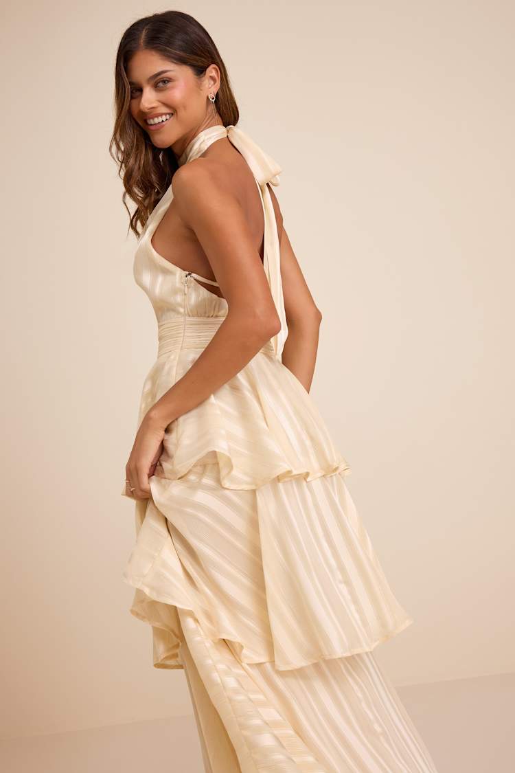 Jennica Pale Yellow Striped Satin Tiered Midi Dress Jennica Pale Yellow Striped Satin Tiered Midi Dress