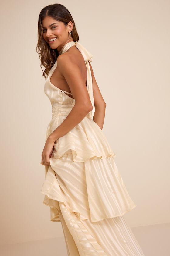 Jennica Pale Yellow Striped Satin Tiered Midi Dress 2