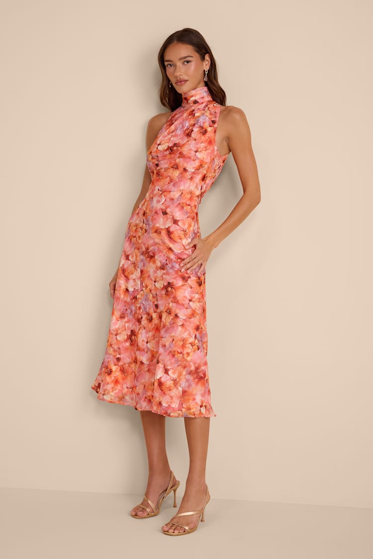 orange floral midi dress Jacquard - All dresses front closure Short sleeves Orange Multi Floral Jacquard Midi