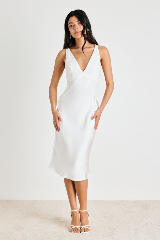 Image of Deloise White Satin Lace Slip Midi Dress