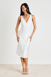 Deloise White Satin Lace Slip Midi Dress 1
