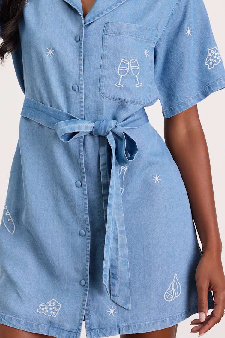 Light Wash Denim Dress - Embroidered Dress - Button-Front Dress - Lulus Light Wash Denim Dress - Embroidered Dress - Button-Front Dress - Lulus