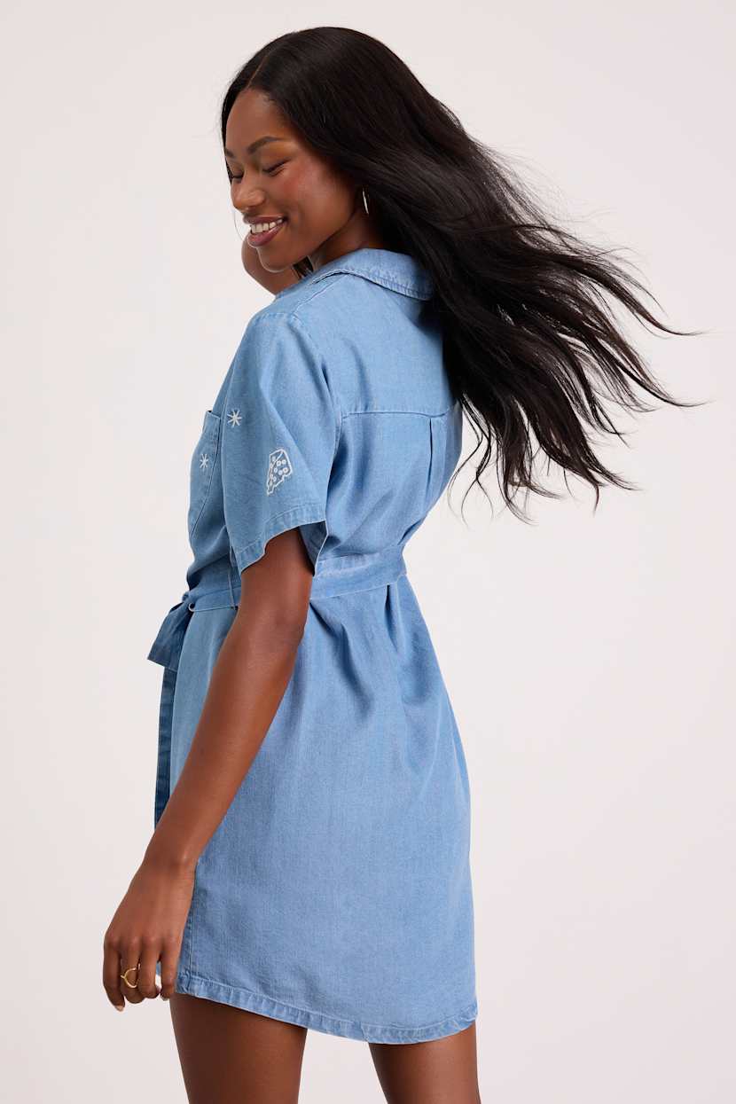 Light Wash Denim Dress - Embroidered Dress - Button-Front Dress