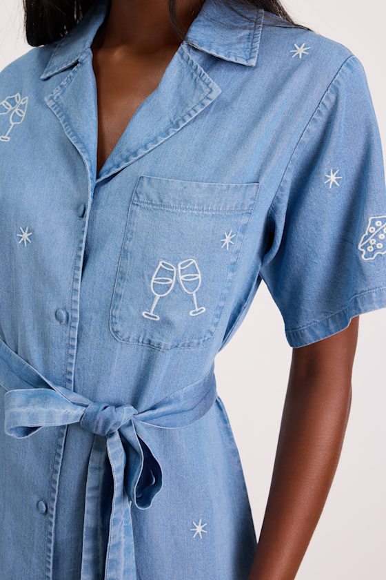Neila Light Wash Denim Embroidered Mini Dress - thumbnail 5