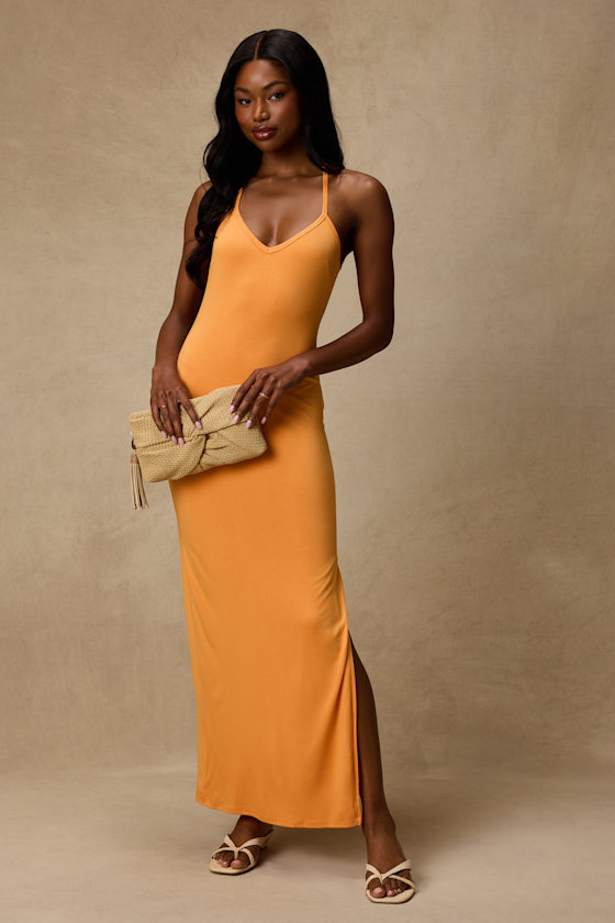 Palani Light Orange Jersey Knit Maxi Dress 2